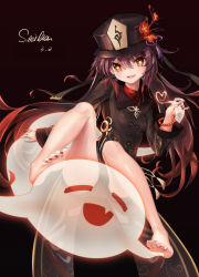 Rule 34 | :d, bare legs, bead bracelet, beads, black hat, blush, bracelet, breasts, brown hair, brown nails, brown shirt, chinese clothes, chinese commentary, commentary request, dated, fang, feet, flower, full body, genshin impact, ghost, hair between eyes, hat, hat flower, heart, heart tail, highres, holding tail, hu tao (genshin impact), jewelry, long hair, long sleeves, multiple rings, nail polish, open mouth, red eyes, red flower, riding, ring, shirt, signature, sitting, small breasts, smile, solo, spread legs, steilia, tail, tailcoat, toenail polish, toenails, toes, very long hair, wide sleeves, yellow eyes