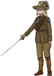 Rule 34 | 1girl, absurdres, anyan (jooho), belt, blonde hair, blue eyes, brown footwear, brown gloves, brown hat, brown jacket, brown pants, buttons, full body, gloves, hat, highres, holding, holding sword, holding weapon, jacket, long sleeves, military, military rank insignia, military uniform, original, pants, pouch, shoes, simple background, smile, solo, standing, sword, teeth, uniform, weapon, white background, world war i
