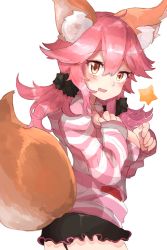 Rule 34 | 10s, 1girl, :d, absurdres, animal ears, black shorts, blush, breasts, brown eyes, fang, fate/extra, fate (series), fox ears, fox tail, from side, hair between eyes, hand on own chest, hands up, highres, hood, hoodie, large breasts, long hair, looking at viewer, official alternate costume, open mouth, pink hair, ranf, shorts, simple background, sleeves past wrists, smile, solo, star (symbol), striped clothes, striped hoodie, tail, tamamo (fate), tamamo no mae (fate/extra), tamamo no mae (spring casual) (fate), upper body, wavy hair, white background