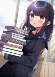 Rule 34 | 1girl, :o, bad id, bad pixiv id, black hair, black sailor collar, black serafuku, black shirt, black skirt, blush, book, book stack, commentary request, day, highres, holding, holding book, indoors, long hair, long sleeves, looking at viewer, minami saki, original, parted lips, pleated skirt, purple eyes, sailor collar, school uniform, serafuku, shirt, skirt, solo, window