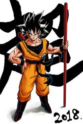 Rule 34 | 10s, 1boy, 2018, absurdres, black eyes, black hair, boots, clothes lift, commentary, dougi, dragon ball, dragon ball super, dragon ball super broly, dragonball z, fingernails, floating hair, full body, hand on own hip, happy, highres, holding, looking at viewer, male focus, nagare seiya, pants, pants tucked in, ruyi jingu bang, shaded face, shadow, short hair, simple background, smile, solo, son goku, spiked hair, standing, translation request, white background, wristband