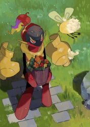 Rule 34 | absurdres, armarouge, commentary request, creatures (company), cutiefly, fire, flaming eyes, floating, flower, flower pot, from above, game freak, gen 7 pokemon, highres, holding, holding flower pot, nintendo, on grass, orange flower, pokemon, pokemon (creature), purple fire, red fire, red flower, rock, runteya, standing, wings, yellow fire, yellow flower