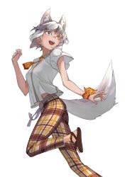 Rule 34 | 1girl, :d, animal ears, blue eyes, brown footwear, casual, collared shirt, dog (mixed breed) (kemono friends), dog ears, dog girl, dog tail, extra ears, from below, grey hair, heterochromia, highres, kemono friends, kemono friends 3, looking away, looking back, multicolored hair, necktie, official alternate costume, open mouth, orange necktie, orange pants, pants, plaid, plaid pants, sandals, shirt, short hair, short sleeves, smile, solo, tail, tanabe (fueisei), two-tone hair, white hair, yellow eyes