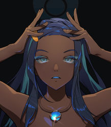 Rule 34 | 1girl, aqua eyes, aqua hair, bare arms, bare shoulders, black background, black hair, blue hair, braid, creatures (company), dark-skinned female, dark skin, game freak, gem, glint, gym leader, hair ornament, hairclip, hands on own head, hands up, jewelry, kyoungi nyang, long hair, looking at viewer, makeup, mascara, multicolored hair, necklace, nessa (pokemon), nintendo, parted lips, pokemon, pokemon swsh, portrait, simple background, solo, streaked hair, two-tone hair