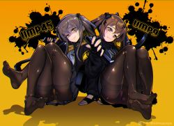 Rule 34 | 2girls, 404 logo (girls&#039; frontline), :3, armband, black jacket, brown eyes, brown hair, character name, chromatic aberration, commentary request, feet, fingerless gloves, full body, girls&#039; frontline, gloves, gun, h&amp;k ump, highres, holding, holding gun, holding weapon, jacket, legs, crossed legs, looking at viewer, magazine (weapon), multiple girls, no shoes, one side up, panties, panties under pantyhose, pantyhose, ryuu tou, scar, scar across eye, scar on face, shaded face, sitting, smile, soles, submachine gun, thighband pantyhose, toes, twintails, ump45 (girls&#039; frontline), ump9 (girls&#039; frontline), underwear, weapon, yellow background, yellow eyes