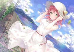 Rule 34 | 1girl, alternate costume, bare arms, bare shoulders, bell, blurry, blurry background, breasts, commentary request, day, depth of field, dress, dutch angle, falling leaves, green eyes, hair between eyes, hair ornament, hairclip, hands up, hat, hat bell, hatsuki kaname, highres, hololive, horizon, jingle bell, leaf, medium breasts, ocean, outdoors, railroad tracks, red hair, ribbon-trimmed dress, sakura miko, sleeveless, sleeveless dress, solo, standing, straw hat, virtual youtuber, water, white dress, white hat, x hair ornament