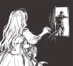 Rule 34 | 1boy, 2girls, backlighting, closed mouth, corset, cowboy shot, dragon girl, dragon tail, dress, frown, greyscale, hair over one eye, height difference, long hair, lowres, monochrome, mother and daughter, multiple girls, open door, original, silhouette, standing, tail, wooni