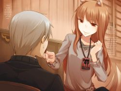 Rule 34 | 1boy, 1girl, animal ears, ayakura juu, brown hair, collarbone, couple, craft lawrence, grey shirt, highres, holo, index finger raised, indoors, long hair, novel illustration, official art, pouch, red eyes, shirt, silver hair, sitting, smile, spice and wolf, tail, wolf ears, wolf tail