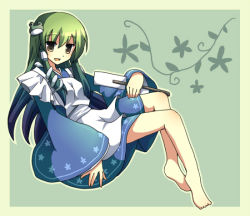 Rule 34 | 1girl, barefoot, blue skirt, border, detached sleeves, female focus, frog hair ornament, full body, green background, green eyes, green hair, hair ornament, kochiya sanae, looking at viewer, matching hair/eyes, mikage natsu, nontraditional miko, simple background, skirt, soles, solo, toes, touhou, vest