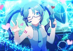 Rule 34 | 1girl, absurdres, bare shoulders, black hair, cosplay, glasses, hair ornament, hands up, hatsune miku, hatsune miku (cosplay), heart, highres, idolmaster, idolmaster shiny colors, long hair, megaphone, mitsumine yuika, necktie, one eye closed, open hand, sanami (sanami t 38), smile, solo, teeth, twintails, vocaloid