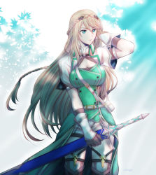 Rule 34 | 1girl, artist name, bag, belt, belt buckle, blonde hair, blue eyes, braid, breasts, buckle, cleavage, collar, cropped jacket, crown braid, day, dress, eiyuu densetsu, elaine auclair, eyebrows, eyelashes, falcom, female focus, floating hair, garter straps, gloves, green dress, hair between eyes, hand on head, handbag, highres, holding, holding sword, holding weapon, jacket, jousan, kuro no kiseki, large breasts, leaf, long hair, looking to the side, outdoors, parted lips, scabbard, sheath, sheathed, shiny clothes, signature, solo, standing, sword, thighhighs, thighs, weapon, white jacket, wing collar