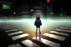Rule 34 | 1girl, 32k, bad id, bad pixiv id, blonde hair, blue eyes, boots, cityscape, coat, long hair, looking at viewer, night, outdoors, seeu, solo, standing, thighhighs, vocaloid