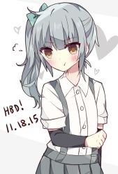 Rule 34 | 10s, 1girl, :t, arm warmers, blush, bow, breath, dated, detached sleeves, green bow, grey hair, grey skirt, hair bow, happy birthday, heart, highres, kantai collection, kasumi (kancolle), kvlen, looking at viewer, pouty lips, shirt, short sleeves, side ponytail, simple background, skirt, solo, suspender skirt, suspenders, white background, white shirt, yellow eyes