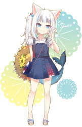 Rule 34 | 1girl, aa2233a, animal ears, blue dress, blue eyes, blue hair, brown hat, cat ears, closed mouth, dress, english text, fins, fish tail, flower, full body, gawr gura, gawr gura (casual), hand up, hat, hat flower, hololive, hololive english, multicolored hair, official alternate costume, shark tail, shirt, sleeveless, sleeveless dress, smile, solo, standing, straw hat, streaked hair, tail, unworn hat, unworn headwear, virtual youtuber, w, white background, white hair, white shirt, yellow flower