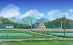 Rule 34 | bad id, bad pixiv id, biako, blue sky, bush, cloud, commentary, day, grass, hedge, highres, house, mountain, no humans, original, outdoors, power lines, revision, rice paddy, road, rural, scenery, sky, utility pole, water, window
