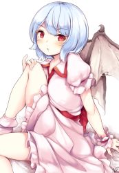 Rule 34 | 1girl, bad id, bad pixiv id, bat wings, black wings, blue hair, blush, dress, frilled dress, frilled sleeves, frills, hand on own knee, highres, knee to chest, knee up, looking at viewer, maremay0513, open mouth, pink dress, pink socks, puffy short sleeves, puffy sleeves, red eyes, remilia scarlet, sash, shoes, short hair, short sleeves, signature, simple background, sitting, socks, solo, spikes, tareme, touhou, white background, wings, wrist cuffs