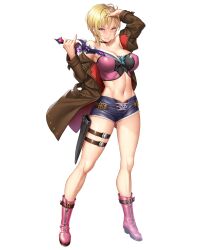Rule 34 | 1girl, abs, absurdres, blonde hair, blush, boots, breasts, fishnets, full body, highres, jacket, large breasts, lilith-soft, navel, nobushito kuro, official art, purple eyes, short hair, simple background, skirt, smile, solo, sonia (taimanin asagi), standing, taimanin (series), taimanin asagi, taimanin rpgx, underboob, weapon
