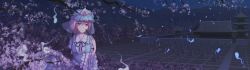 Rule 34 | 3girls, architecture, cherry blossoms, east asian architecture, frills, gradient background, graveyard, hand fan, hat, highres, hitodama, irigoma (jikabi baisen), japanese clothes, long sleeves, miyako yoshika, mob cap, multiple girls, night, petals, pink eyes, pink hair, saigyouji yuyuko, short hair, tatara kogasa, tombstone, touhou, triangular headpiece, veil, wide sleeves