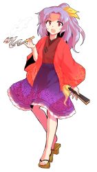 Rule 34 | 1girl, bathrobe, brown footwear, cigarette, dairi, hair ribbon, hand fan, hand up, japanese clothes, kimono, komakusa sannyo, long sleeves, looking at viewer, medium hair, multicolored clothes, multicolored kimono, open mouth, ponytail, purple hair, purple kimono, red eyes, red kimono, red sleeves, ribbon, simple background, slippers, smoke, solo, standing, tachi-e, touhou, transparent background, white background, wide sleeves, yellow ribbon