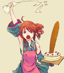 Rule 34 | 1girl, ahoge, apron, armpits, baguette, bread, breasts, cake, cleavage, detached sleeves, drill hair, food, icing, kasane teto, mikeco, open mouth, pastry, red eyes, red hair, sexually suggestive, simple background, solo, twin drills, twintails, utau, vocaloid