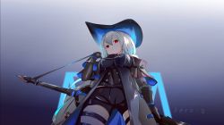 Rule 34 | 1girl, arknights, arm cuffs, artist name, ascot, bare shoulders, black ascot, black gloves, black pants, clothing cutout, cowboy shot, from below, gloves, gradient background, highres, holding, holding strap, holding weapon, long hair, looking at viewer, looking down, pants, qianzhaojihuajipao, skadi (arknights), thigh cutout, thigh strap, very long hair, weapon