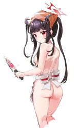 Rule 34 | 1girl, apron, ass, back, bad id, bad twitter id, bandana, bare back, bare shoulders, black hair, blue archive, breasts, cropped legs, dano, from behind, fuuka (blue archive), halo, holding, horns, kitchen knife, long hair, looking at viewer, looking back, naked apron, ponytail, red eyes, sidelocks, small breasts, solo, thighs, white apron