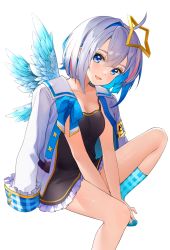 Rule 34 | 1girl, ahoge, amane kanata, angel wings, blue eyes, blue hair, blue wings, bob cut, breasts, cleavage, collarbone, colored inner hair, halo, highres, hololive, jacket, jacket on shoulders, legs, looking at viewer, medium breasts, multicolored hair, open mouth, red hair, simple background, single hair intake, sitting, smile, socks, solo, star halo, tate yukimi, virtual youtuber, white background, white hair, white jacket, wings