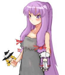 Rule 34 | 1girl, alternate costume, bad id, bad pixiv id, blonde hair, blush, casual, character doll, chibi, doll, female focus, hair ribbon, hat, long hair, ofuro mantarou, patchouli knowledge, purple eyes, purple hair, ribbon, simple background, solo, touhou, very long hair, white background, witch hat