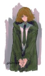 Rule 34 | 1girl, black necktie, closed mouth, coat, collared shirt, cowboy shot, green coat, green eyes, highres, ishmael (project moon), limbus company, looking at viewer, medium hair, necktie, orange hair, project moon, senichi, shirt, simple background, solo, upper body, white background, white shirt