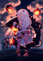 Rule 34 | 1girl, absurdres, abyssal ship, ass, bare shoulders, barefoot, black panties, child, clothes lift, colored skin, dress, dress lift, embers, fire, from behind, full body, glowing, glowing eyes, highres, horns, kantai collection, long hair, looking at viewer, looking back, northern ocean princess, outdoors, panties, road, short dress, solo focus, teeth, thigh strap, twintails, underwear, white dress, white hair, white skin, wind, wind lift, xue qi ye (dndtmbdue)