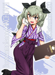 Rule 34 | 1girl, anchovy (girls und panzer), black footwear, black ribbon, blue background, boots, character name, dated, drill hair, drying, emblem, english text, girls und panzer, hair ribbon, hakama, hakama skirt, happy birthday, high heel boots, high heels, highres, holding, holding menu, holding towel, italian commentary, italian text, japanese clothes, japanese tankery league (emblem), leg up, long hair, looking at viewer, maid, menu, military, military vehicle, motor vehicle, oosaka kanagawa, open mouth, purple shirt, purple skirt, red eyes, ribbon, romaji text, shirt, short sleeves, skirt, smile, solo, standing, standing on one leg, sweatdrop, tank, towel, twin drills, twintails, wa maid, waitress