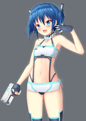 Rule 34 | 1girl, :d, bare arms, bare shoulders, between legs, black gloves, black thighhighs, blue eyes, blue hair, blush, breasts, collarbone, commentary request, fingerless gloves, gloves, gluteal fold, grey background, gun, hair between eyes, hand between legs, highres, holding, holding gun, holding weapon, looking at viewer, navel, open mouth, original, prophosphere, simple background, small breasts, smile, solo, standing, thighhighs, twintails, v-shaped eyebrows, weapon