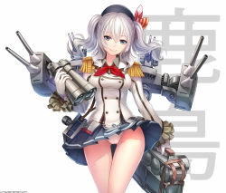 Rule 34 | 10s, 1girl, binoculars, blue eyes, cannon, gloves, hair between eyes, hat, jacket, jurrig, kantai collection, kashima (kancolle), long sleeves, looking at viewer, machinery, md5 mismatch, military, military uniform, miniskirt, narrow waist, panties, pantyshot, revision, silver hair, skirt, smile, solo, thigh gap, turret, twintails, underwear, uniform, white gloves, white panties, wide hips, wind, wind lift