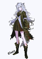 Rule 34 | 1girl, animal ears, arknights, arms at sides, bare legs, black coat, black dress, black footwear, blood, blood on leg, blush, boots, breasts, coat, commentary, dated, dress, full body, grey eyes, grey hair, haun, head tilt, lappland (arknights), lappland (refined horrormare) (arknights), long coat, long hair, long sleeves, looking at viewer, medium breasts, pleated skirt, scar, scar across eye, simple background, skirt, sleeves past wrists, smile, solo, symbol-only commentary, tail, torn clothes, white background, wolf ears, wolf girl, wolf tail