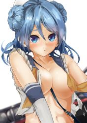Rule 34 | 1girl, bare shoulders, beret, between breasts, blue eyes, blue hair, blush, breasts, cleavage, collarbone, convenient censoring, double bun, elbow gloves, frown, gloves, hair bun, hat, highres, kantai collection, konkito, large breasts, looking at viewer, navel, neckerchief, no bra, open clothes, rigging, sailor hat, school uniform, serafuku, sleeves rolled up, solo, strap, tearing up, torn clothes, upper body, urakaze (kancolle), white background, white gloves, white hat, yellow neckerchief