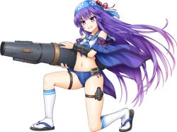 Rule 34 | &gt;:d, 1girl, :d, artist request, bandana, blue shorts, cannon, detached sleeves, from side, full body, holding, holding weapon, long hair, midriff, navel, official art, open mouth, oshiro project:re, oshiro project:re, purple eyes, purple hair, sailor bikini, sailor collar, short shorts, shorts, smile, solo, transparent background, v-shaped eyebrows, very long hair, wakamatsu (oshiro project), weapon