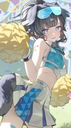 Rule 34 | 1girl, absurdres, animal ears, black hair, blue archive, blue eyes, blush, breasts, cheerleader, commentary request, confetti, dog ears, dog tail, extra ears, goggles, goggles on head, halo, hibiki (blue archive), hibiki (cheer squad) (blue archive), highres, holding, holding pom poms, looking at viewer, looking to the side, medium breasts, millennium cheerleader outfit (blue archive), miniskirt, ningen mame, official alternate costume, partial commentary, pleated skirt, pom pom (cheerleading), pom poms, ponytail, skirt, solo, tail, tail under clothes