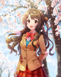 Rule 34 | 1girl, :d, arm at side, arm behind back, blue sky, blurry, blurry background, bow, bowtie, breasts, brown eyes, brown hair, brown jacket, cherry blossoms, collared shirt, commentary request, cowboy shot, day, depth of field, dress shirt, highres, idolmaster, idolmaster cinderella girls, jacket, korean commentary, lens flare, light particles, light rays, long hair, long sleeves, looking at viewer, medium breasts, one side up, open mouth, outdoors, petals, pinkiepies2, plaid, plaid skirt, pleated skirt, red bow, red bowtie, red skirt, school uniform, shimamura uzuki, shirt, skirt, sky, smile, solo, standing, tree, wavy hair, white shirt
