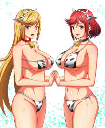 Rule 34 | 2girls, absurdres, animal ears, animal print, bare arms, bell, bikini, black choker, blonde hair, breasts, choker, collarbone, cow ears, cow horns, cow print, cowbell, deera indrawan, hairband, highres, holding hands, horns, large breasts, long hair, looking at viewer, multiple girls, mythra (xenoblade), navel, neck bell, open mouth, pyra (xenoblade), red choker, red eyes, red hair, short hair, side-tie bikini bottom, skindentation, strap gap, swept bangs, swimsuit, thighs, very long hair, xenoblade chronicles (series), xenoblade chronicles 2, yellow eyes