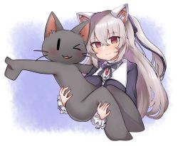 Rule 34 | &gt; o, 1girl, @ @, animal, animal ear fluff, animal ears, breasts, cat, cat ears, closed mouth, dress, furumiya neko, grey hair, hair between eyes, hair ribbon, highres, holding, holding animal, long hair, long sleeves, medium breasts, nora cat, nora cat channel, one eye closed, one side up, outstretched arm, purple dress, purple ribbon, red eyes, ribbon, smile, solo, upper body, very long hair, virtual youtuber, | |