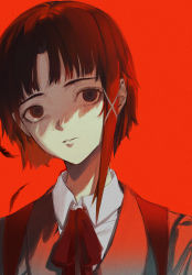 Rule 34 | 1girl, asymmetrical hair, black jacket, blazer, brown eyes, brown hair, collared shirt, commentary, falling feathers, feathers, film grain, hair ornament, hairclip, highres, iwakura lain, jacket, long neck, looking at viewer, matsunaga777, neck ribbon, parted lips, portrait, red background, red ribbon, ribbon, school uniform, serial experiments lain, shirt, short hair, simple background, solo, white shirt, x hair ornament