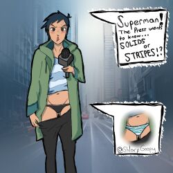 Rule 34 | 1girl, black hair, black panties, black pants, blue shirt, blush, brown eyes, city, dc comics, dialogue box, drooling, english text, flashing, green hoodie, highres, hood, hoodie, lois lane, microphone, mouth drool, my adventures with superman, navel, panties, pants, photo background, public indecency, shirt, short hair, signature, solo, striped clothes, striped panties, striped shirt, superman (series), sweatdrop, tomboy, underwear, undressing