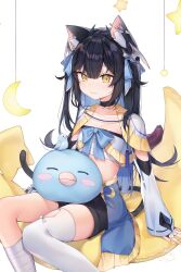 Rule 34 | 1girl, absurdres, animal ears, bandaged leg, bandages, bandeau, black choker, black hair, black shorts, blue hair, bow, bowtie, breasts, capelet, cat ears, cat girl, cat tail, choker, cleavage, closed mouth, colored inner hair, crop top, detached sleeves, fang, frills, highres, horns, indie virtual youtuber, long hair, long sleeves, looking at viewer, midriff, mole, mole under eye, multicolored hair, revealing clothes, short shorts, shorts, single thighhigh, sitting, skindentation, small breasts, smile, solo, strapless, stuffed animal, stuffed toy, tail, thighhighs, tube top, two side up, very long hair, virtual youtuber, waist cape, white thighhighs, yayoichi (yoruyoru108), yellow eyes, yoru yoichi