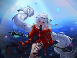 Rule 34 | 1girl, angelfish, arknights, artist name, backlighting, bare shoulders, black ribbon, closed mouth, clothing cutout, dated, detached sleeves, dress, fish, frilled sleeves, frills, gloves, green gloves, grey hair, highres, hizkyi, leg ribbon, long hair, long sleeves, looking down, low-tied long hair, navel, navel cutout, photoshop (medium), red dress, red eyes, ribbon, short dress, signature, sitting, skadi (arknights), skadi the corrupting heart (arknights), smile, solo, staff, tropical fish, twintails, underwater, very long hair