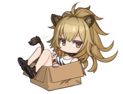 Rule 34 | 1girl, animal ear fluff, animal ears, arknights, bare shoulders, between legs, black choker, black footwear, box, breasts, brown eyes, brown hair, candy, cardboard box, chibi, choker, cleavage, commentary, food, hand up, holding, holding food, in box, in container, jitome, knees up, lion ears, lion tail, lollipop, looking at viewer, ponytail, ran system, shoes, siege (arknights), simple background, sitting, solo, tail, tail between legs, tank top, translation request, white background, white tank top