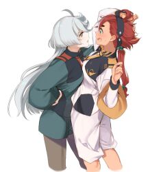 Rule 34 | 2girls, ahoge, arm up, asticassia school uniform, black hairband, blue eyes, blush, commentary request, eye contact, face-to-face, from side, grey eyes, grey hair, gundam, gundam suisei no majo, hairband, hand on own head, long hair, long sleeves, looking at another, miorine rembran, multiple girls, open mouth, profile, red hair, school uniform, suletta mercury, sweat, tatami to hinoki, white background, yuri