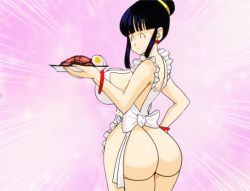 Rule 34 | 1girl, apron, ass, chi-chi (dragon ball), dragon ball, dragonball z, game cg, huge ass, looking at viewer, looking back, naughty turtle (artist), nude, ribbon, solo, thick thighs, thighs, voyeurism