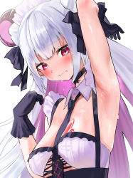 Rule 34 | 1girl, absurdres, arm up, armpits, blush, breast tattoo, breasts, choker, collar, commission, demon girl, demon horns, detached collar, dripping, gloves, hair ribbon, heart, heart tattoo, highres, horns, indie virtual youtuber, iyashima myua, kamenekko 5275, long hair, maid, maid headdress, multicolored hair, necktie, pixiv commission, red eyes, ribbon, simple background, small breasts, sweat, tattoo, two-tone hair, upper body, virtual youtuber, wet, white background, white hair