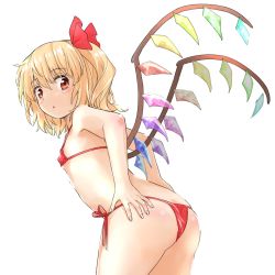Rule 34 | 1girl, :o, ass, bare arms, bare shoulders, bikini, blonde hair, blush, breasts, commentary request, cowboy shot, crystal, flandre scarlet, hair between eyes, hair ribbon, highres, leaning forward, looking at viewer, looking back, micro bikini, naegi (naegidokoro), no headwear, one side up, parted lips, partial commentary, red bikini, red eyes, red ribbon, ribbon, short hair, side-tie bikini bottom, simple background, small breasts, solo, standing, swimsuit, thighs, touhou, white background, wings