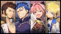 Rule 34 | 4boys, astolfo (fate), black border, blonde hair, blue eyes, blue hair, border, bow, braid, bright pupils, brown hair, cloak, collar, cu chulainn (fate), cu chulainn (fate/stay night), earrings, epaulettes, facial hair, fang, fate/apocrypha, fate/grand order, fate/requiem, fate (series), fgo moyashi, fringe trim, fur-trimmed cloak, fur collar, fur trim, goatee, hair between eyes, hair bow, hair intakes, highres, jacket, jewelry, long hair, long sideburns, looking at viewer, male focus, military, military uniform, multicolored hair, multiple boys, muscular, napoleon bonaparte (fate), open clothes, open jacket, open mouth, open shirt, parted bangs, pectoral cleavage, pectorals, pink hair, ponytail, purple eyes, red eyes, scar, sideburns, single braid, smile, streaked hair, toned, toned male, unbuttoned, uniform, upper body, voyager (fate), voyager (second ascension) (fate), white hair